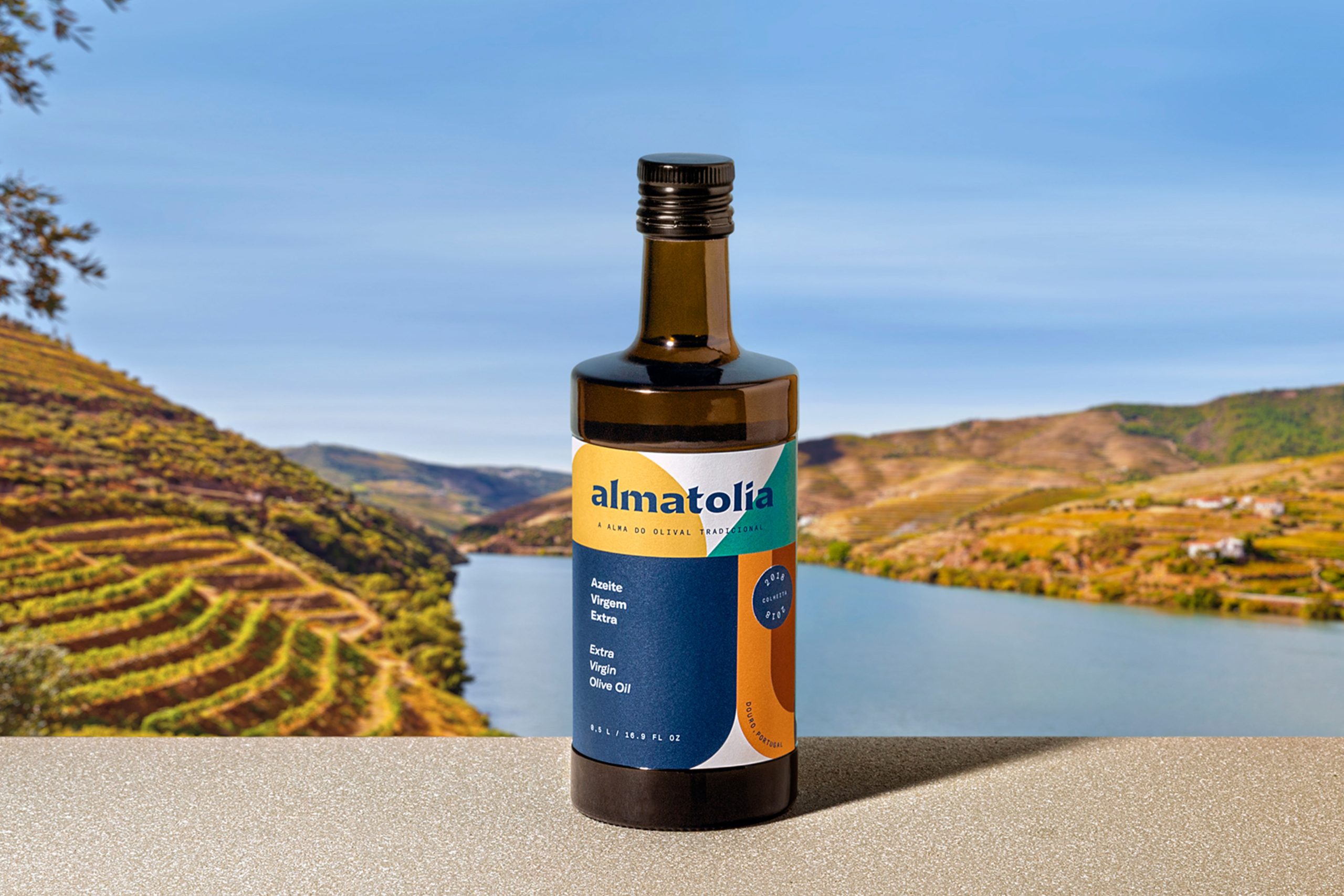 Almatolia bottle with Douro landscape as background.